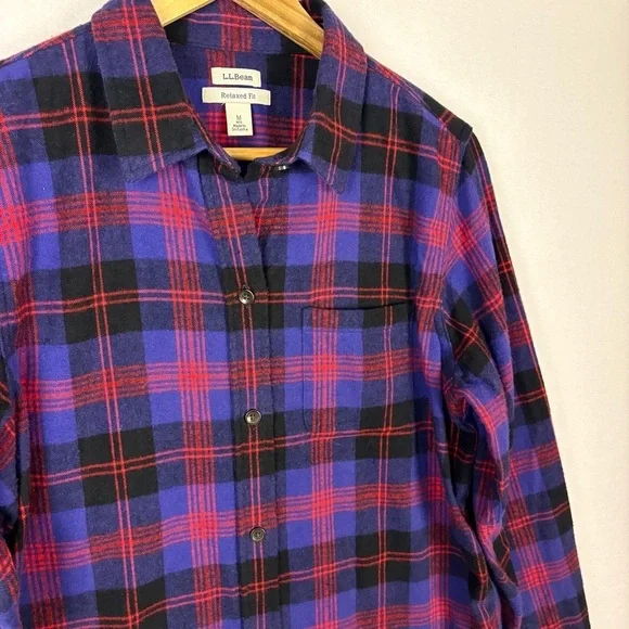 L.L. Bean Purple Red Plaid Flannel Button Down Shirt - Picture 3 of 7